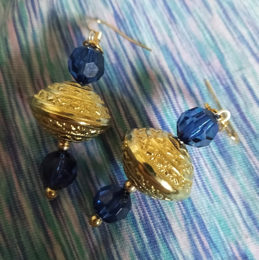Hand crafted boho gold and blue crystal statement drop earrings